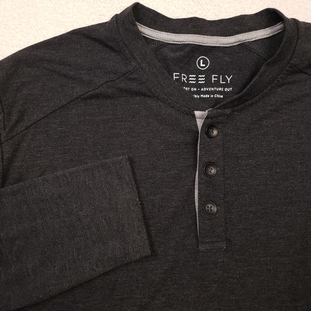 Free Fly Henley Men Large Black Bamboo Blend Long Sleeve Stretch Casual Shirt